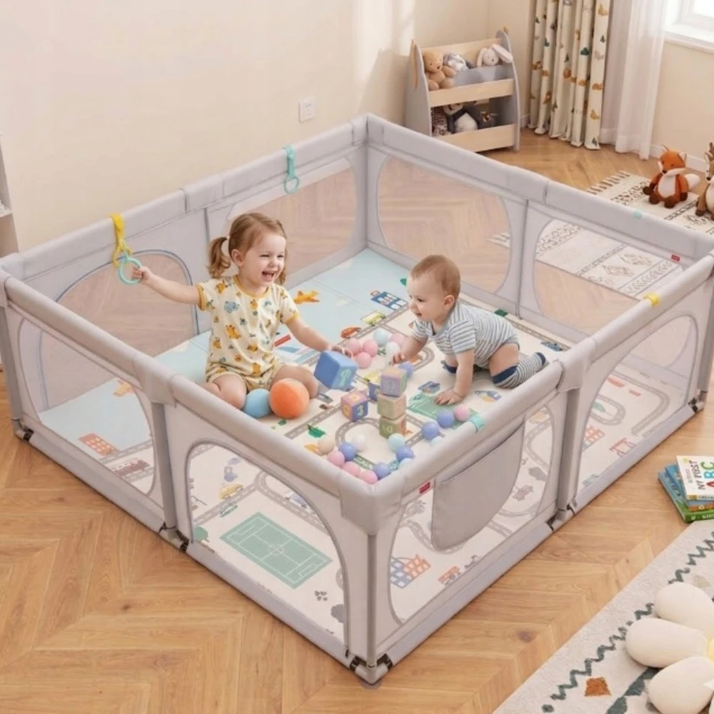 Costway Kojec dla dziecka Suchy Baseinas 200x180x68cm Siatka Bramka XXL Pilka