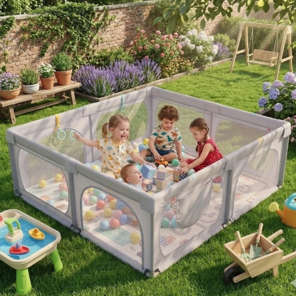 Costway Kojec dla dziecka Suchy Baseinas 200x180x68cm Siatka Bramka XXL Pilka