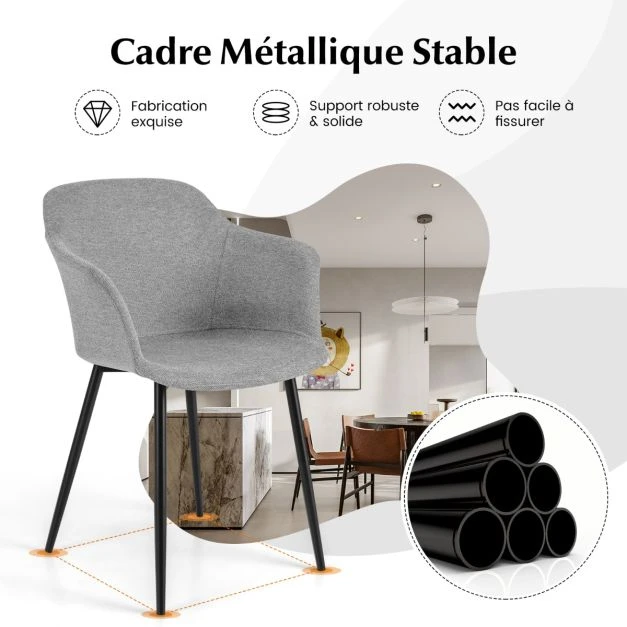 Costway Modernios valgomojo kėdės, 2 vnt - Lininė sėdynė, Metalinės kojos