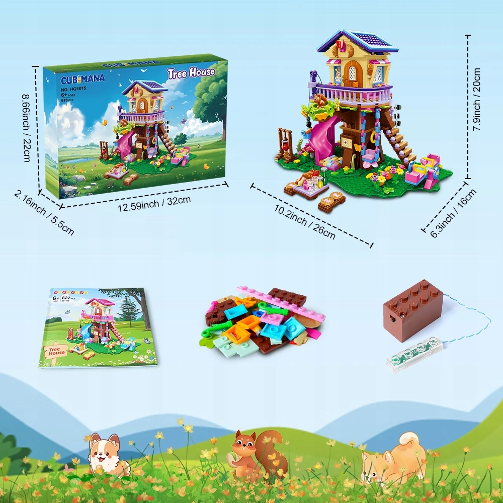 Cubimana Blocks TREE HOUSE LED SLIDE ŽAISLAI MERGAITĖS DOVANA 618vnt.