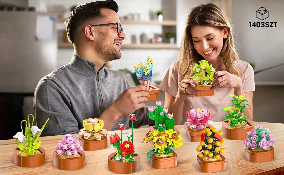 CUBIMANA BLOKAI GĖLĖS AUGALŲ PUOKŠTĖ DEKORATYVINĖ KŪRYBINĖ DOVANA Amžina 3D 1403 vnt.
