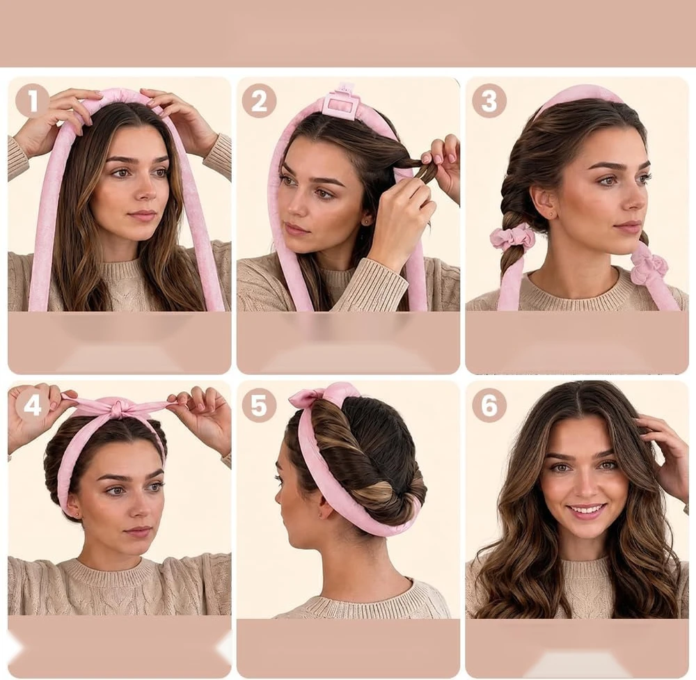 CURLS 7 VNT NEŠILDANTIS RINKINYS VELVET ROLLERS ROŽINIS SOFT STYLING