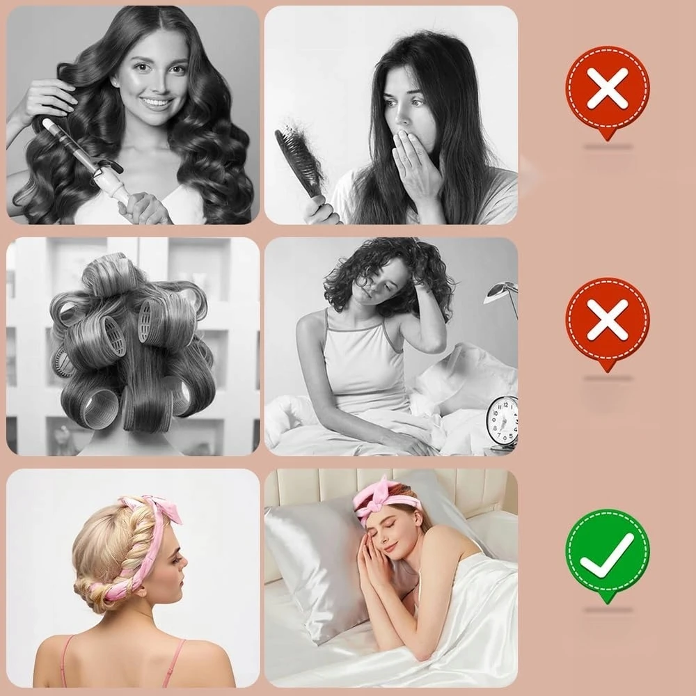 CURLS 7 VNT NEŠILDANTIS RINKINYS VELVET ROLLERS ROŽINIS SOFT STYLING