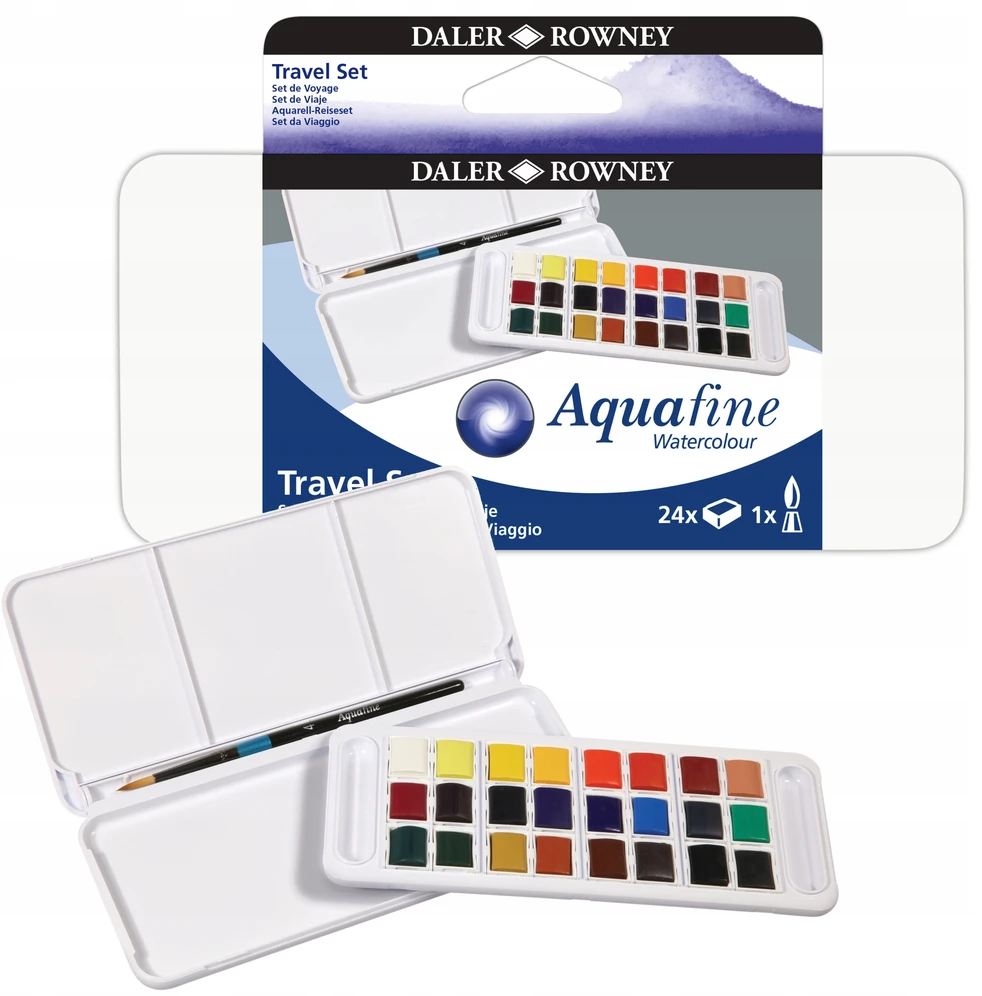Daler Rowney Aquafine kelioninis akvarelės rinkinys, 24 pusiau užpildytos dėžutės
