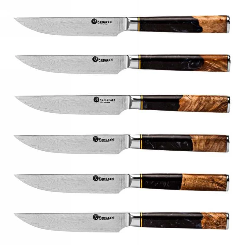 Damasko plieno peilių rinkinys kepsniams Kamazaki KZI110STK, 13 cm, 6 vnt.