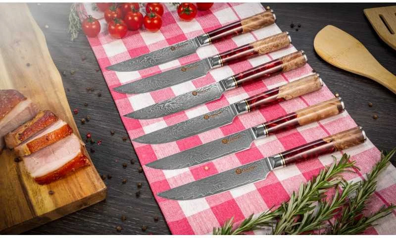 Damasko plieno peilių rinkinys kepsniams Kamazaki KZI210STK, 13 cm, 6 vnt.