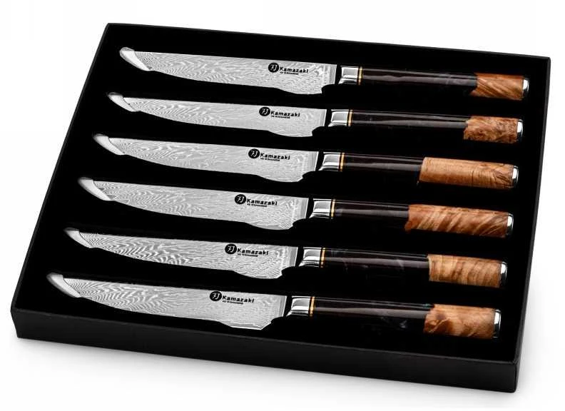 Damasko plieno peilių rinkinys kepsniams Kamazaki KZI110STK, 13 cm, 6 vnt.