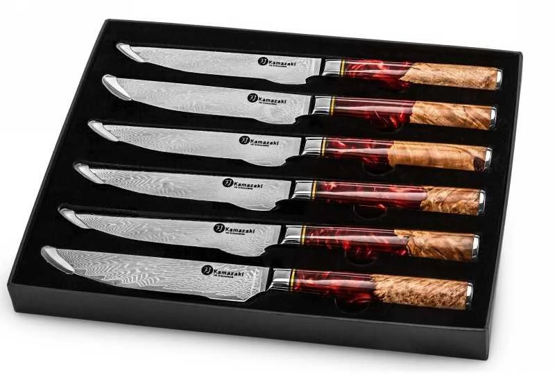Damasko plieno peilių rinkinys kepsniams Kamazaki KZI210STK, 13 cm, 6 vnt.