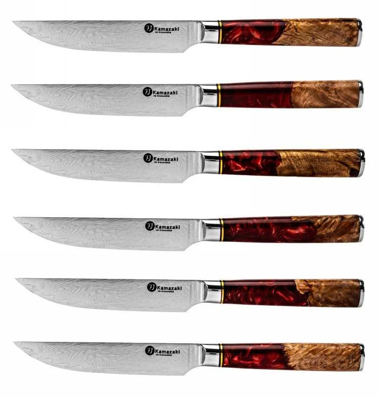 Damasko plieno peilių rinkinys kepsniams Kamazaki KZI210STK, 13 cm, 6 vnt.