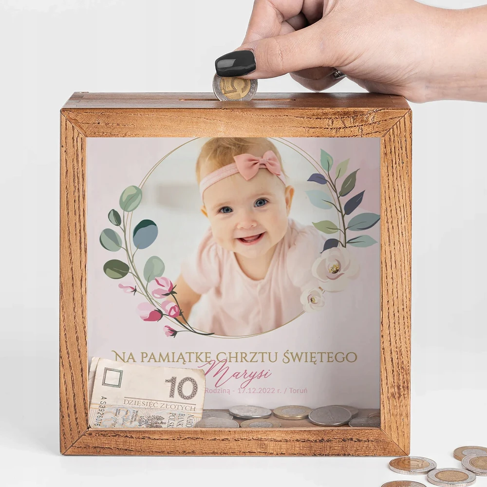 Danhoss Skarbonka ze Zdjęciem Prezent na Chrzest Dla Dziewczyni Chrzciny