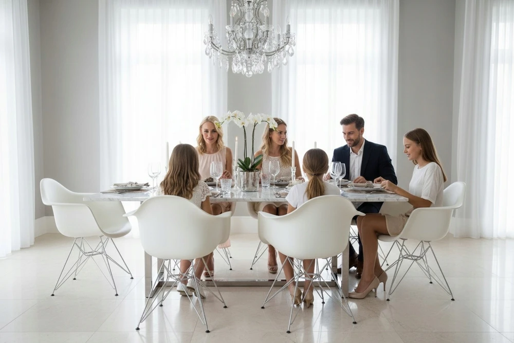 Dankor Design DAR kėdė, balta, chromuotos kojos, žavinga palėpė, moderni svetainė, virtuvė, fotelis