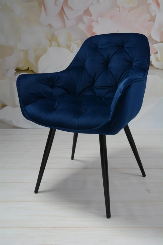 Dankor Design Minkštas, dygsniuotas fotelis svetainei, valgomajam, aksominis, tamsiai mėlynas ARTEN