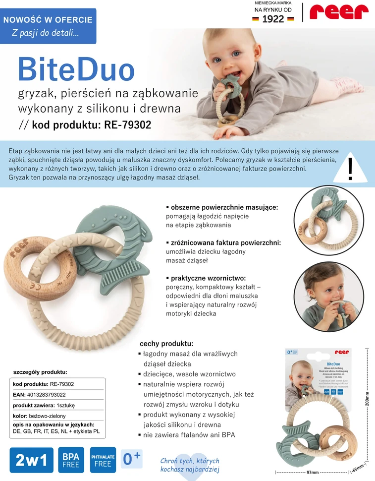 Dantų žiedų apyrankė Silikoninis medinis dantų ėmimas BiteDuo REER