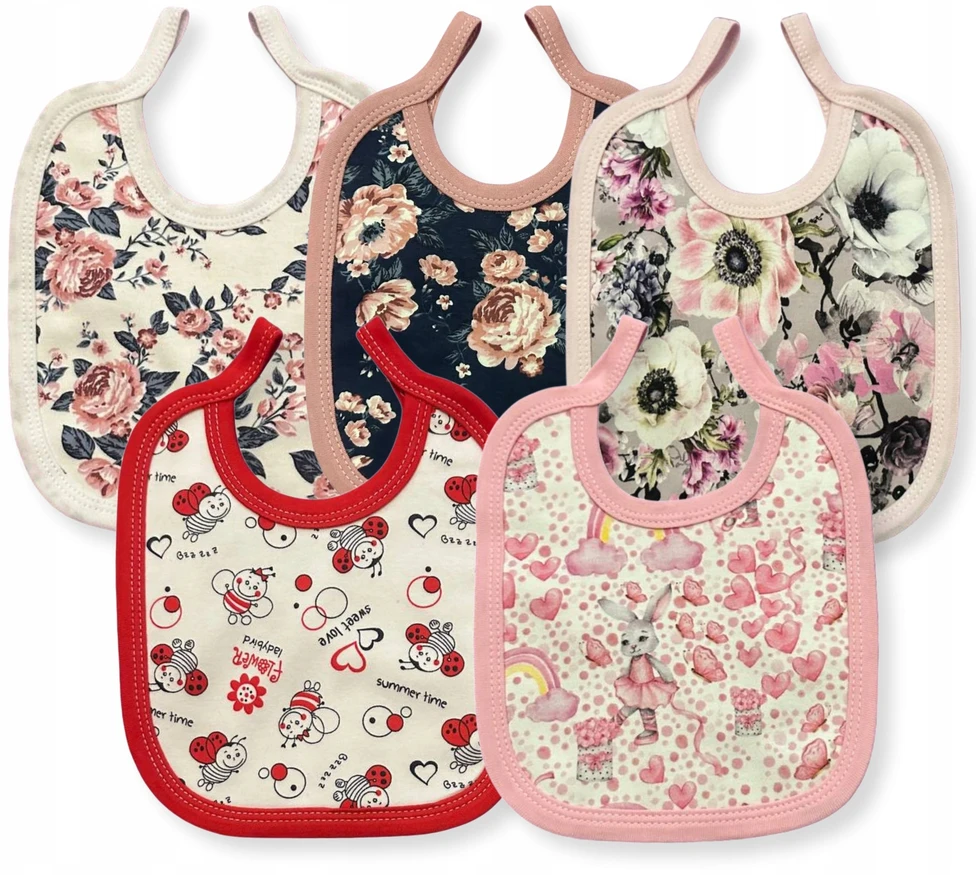 Dartomik 5 pakeliai kūdikių BIBS, DIDELIAI surišti BIBS, raštų ir spalvų derinys