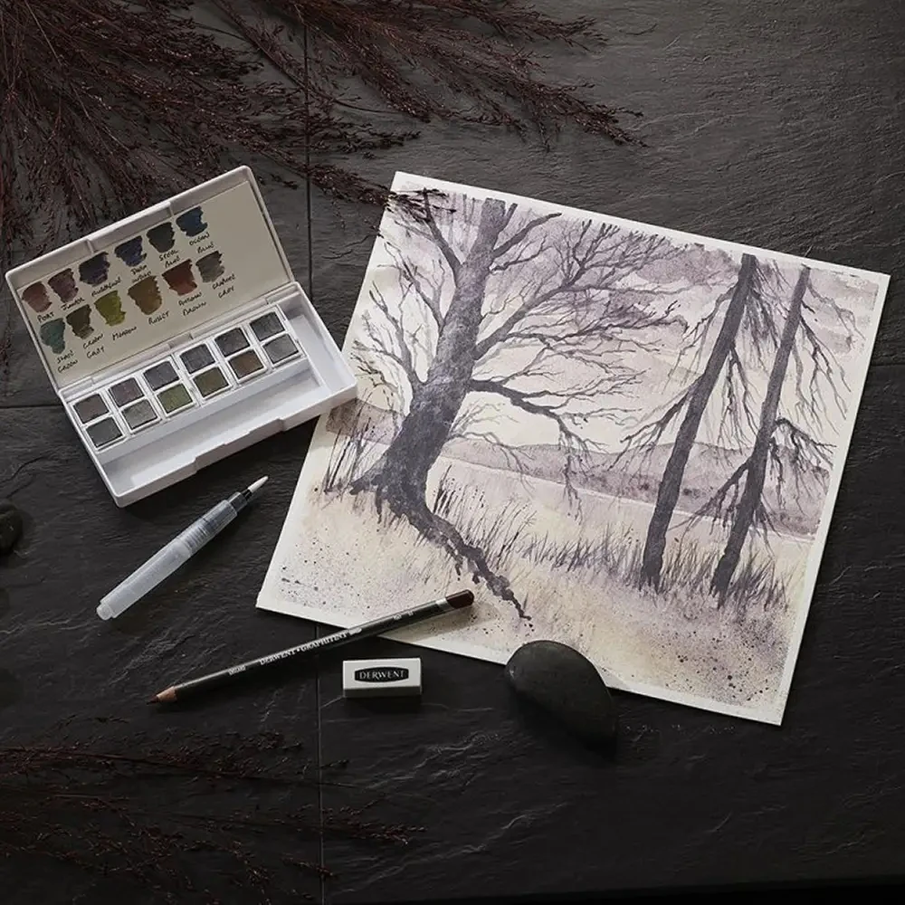 Dažų paletė - DERWENT - Graphitint - 12 pusiau deoletų - Grafitas ir vandens pagrindo pigmentai - Mišrus