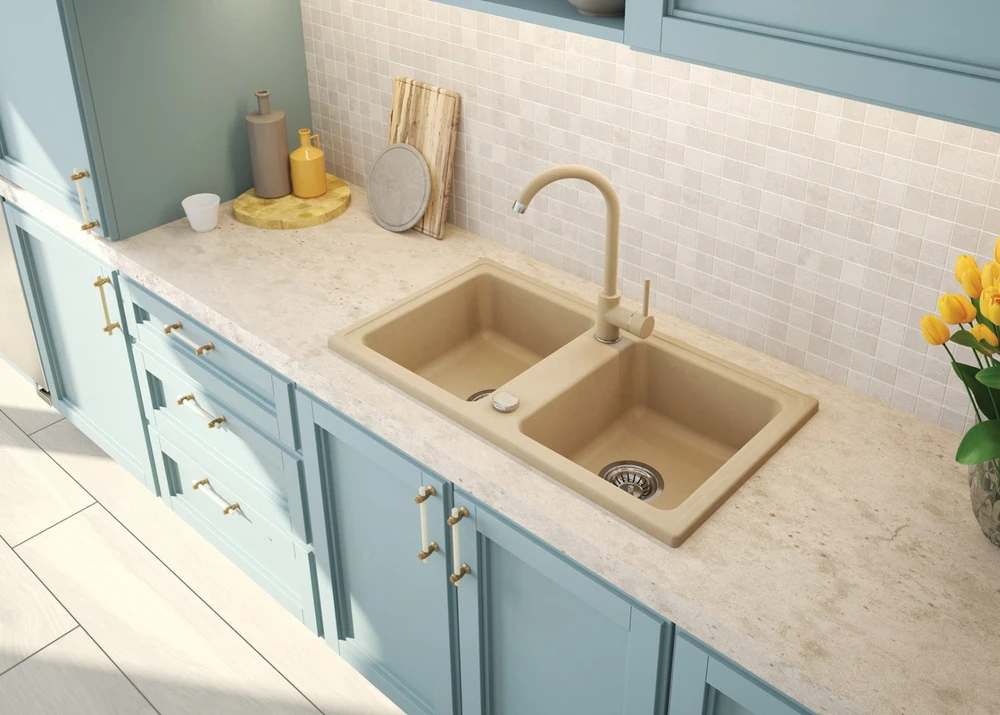 Deante granitinė virtuvinė plautuvė Deante Zorba su maišytuvu ZQZA7203, Sand
