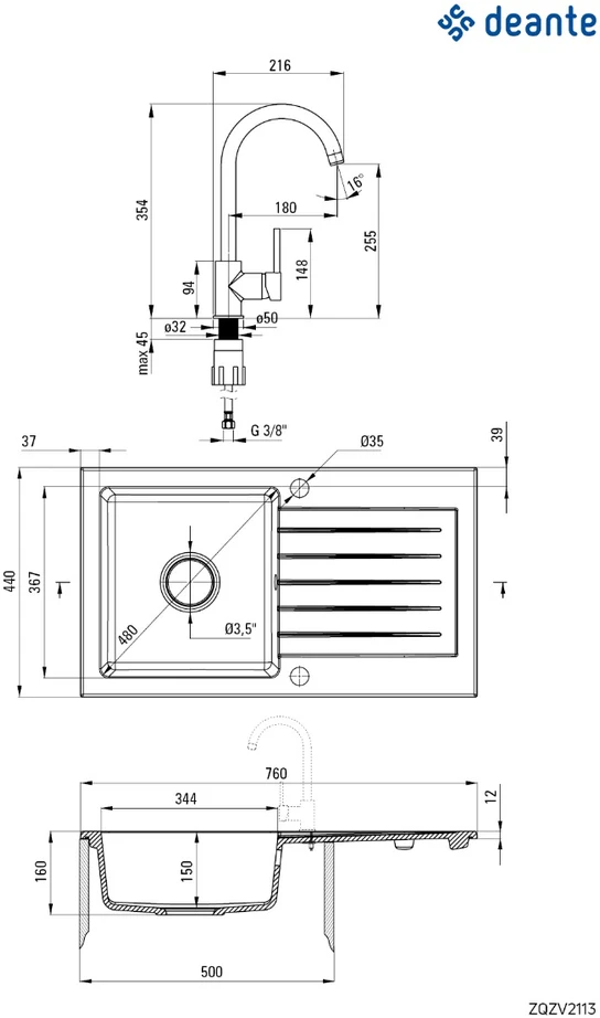 Deante granitinė virtuvinė plautuvė Deante Andante ZQN 2513, Graphite