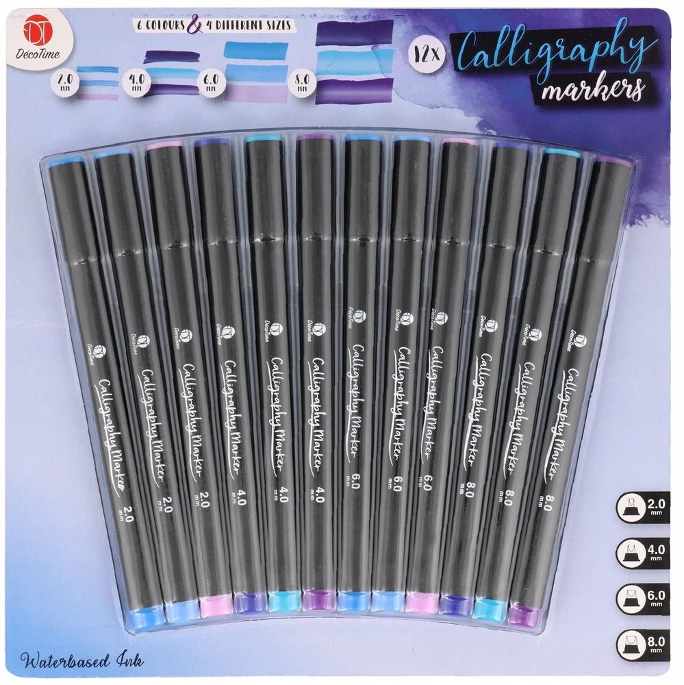 Decotime Kaligrafijos markeriai 12 vnt. 4 spalvos, 3 dydžiai