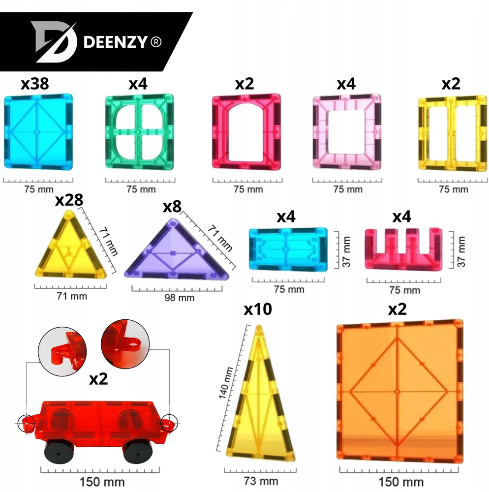 Deenzy XXL MAGNETINIAI BLOKAI DIDELIS 3D RINKINYS VAIKAMS 109 VNT AUTOMOBILIAI + KREPŠELIS