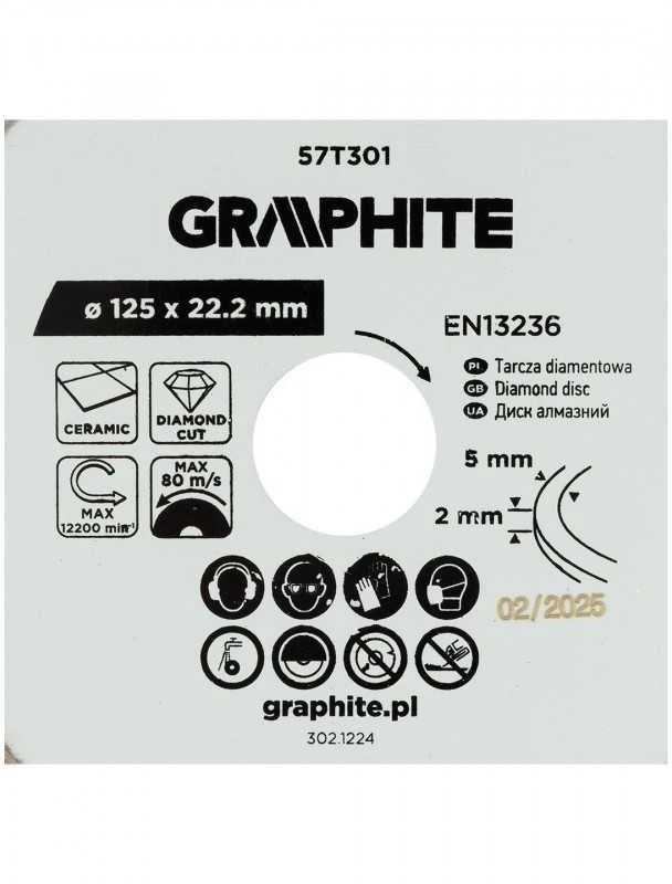 Graphite Deimantinis pjovimo diskas, 125 x 22,2 mm, šlapiam pjovimui