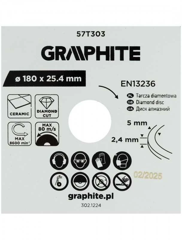 Graphite Deimantinis pjovimo diskas, 180 x 25,4 mm, šlapiam pjovimui