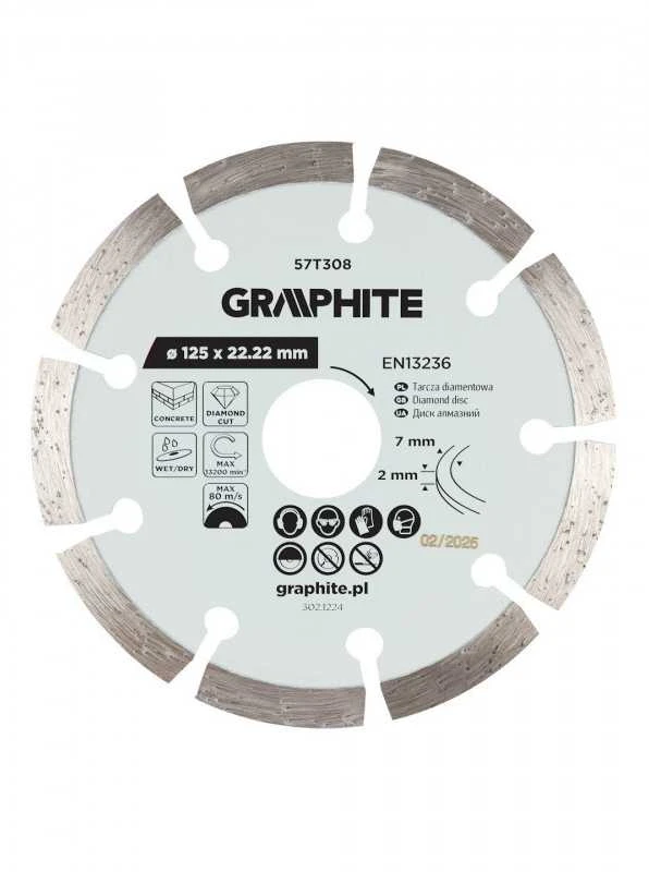 Graphite Deimantinis segmentinis pjovimo diskas, 125 x 22,2 mm, sausam ir šlapiam pjovimui