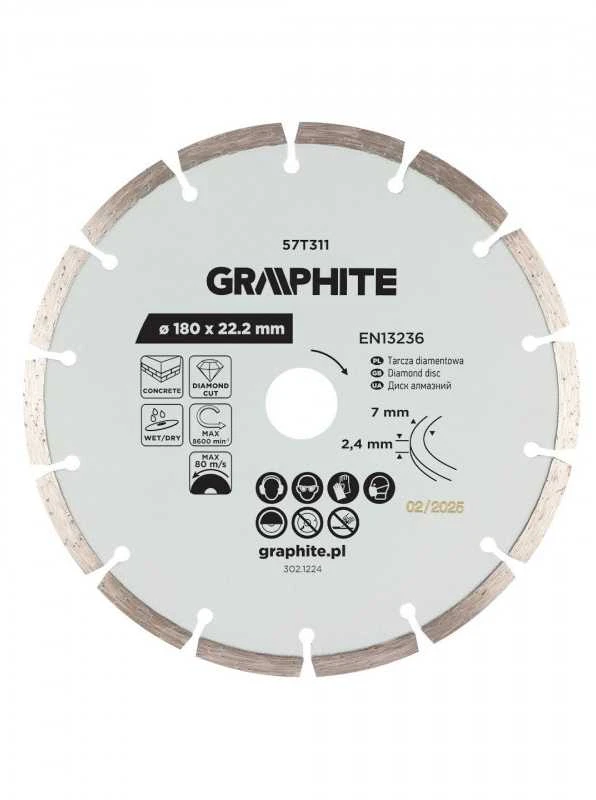 Graphite Deimantinis segmentinis pjovimo diskas, 180 x 22,2 mm, sausam ir šlapiam pjovimui