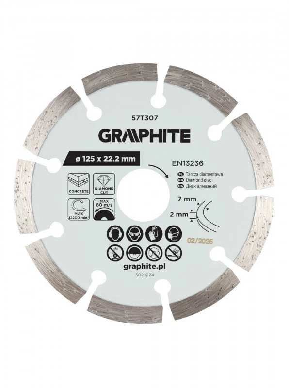 Graphite Deimantinis segmentinis pjovimo diskas, 125 x 22,2 mm, sausam pjovimui
