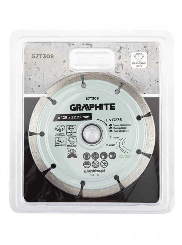 Graphite Deimantinis segmentinis pjovimo diskas, 125 x 22,2 mm, sausam ir šlapiam pjovimui