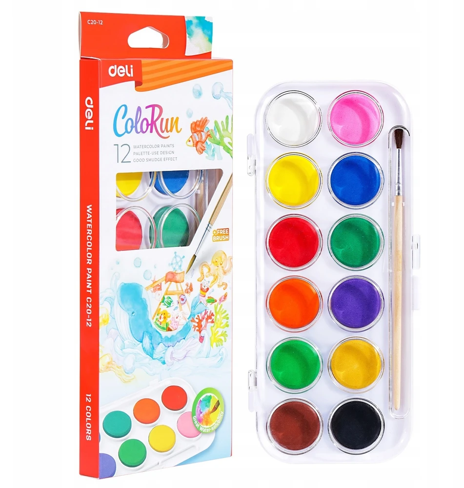 Deli Colorun akvareliniai dažai, 12 spalvų, su teptuku
