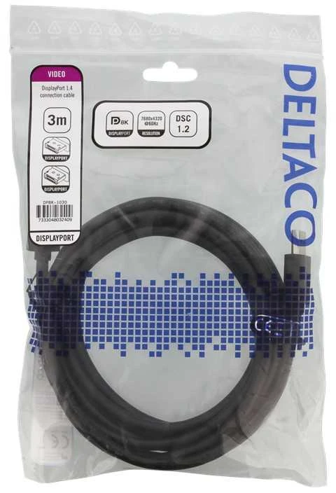 DELTACO 8K DisplayPort kabelis, DP 1.4, 7680x4320 60Hz, 1m, juodas DP8K-1010