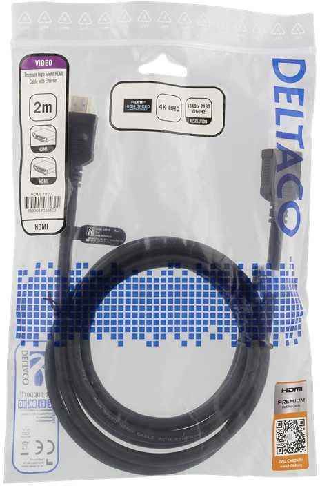 DELTACO didelės spartos aukščiausios kokybės HDMI kabelis, 2 m, Ethernet, 4K UHD, Be ferito juodas HDMI-1020D