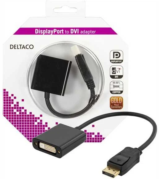 DELTACO DisplayPort į DVI-I Dual Link adapteris, 20 kontaktų - DVI-D 24 + 1 kontaktas , juodas, 0,2m / DP-DVI14-K