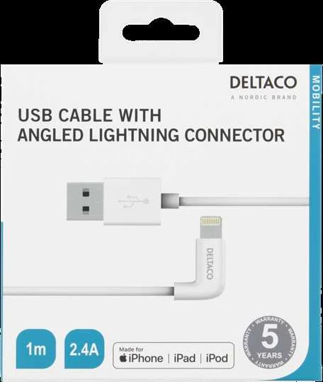 DELTACO Lighting kabelis, USB-A/ kampinė Lighting jungtis, 2,4A, 1m, MFi, Baltos spalvos / IPLH-176