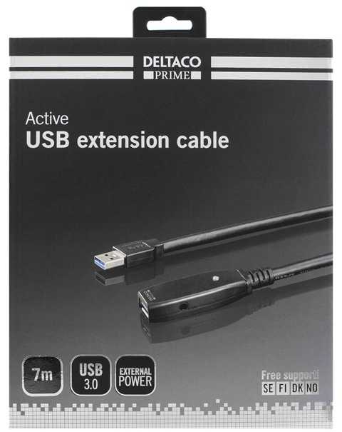 DELTACO PRIME aktyvus USB 3.0 prailginimo kabelis, A tipo vyriškas - A tipo moteriškas, 7m, juodas/ USB3-1004