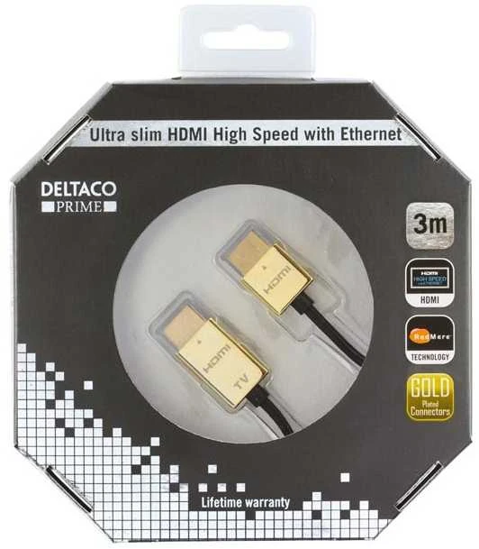 DELTACO PRIME HDMI kabelis, itin plonas, HDMI Type A ha, 4K, Ultra HD, 3.0m, juodas/auksinis / HDMI-1043-K