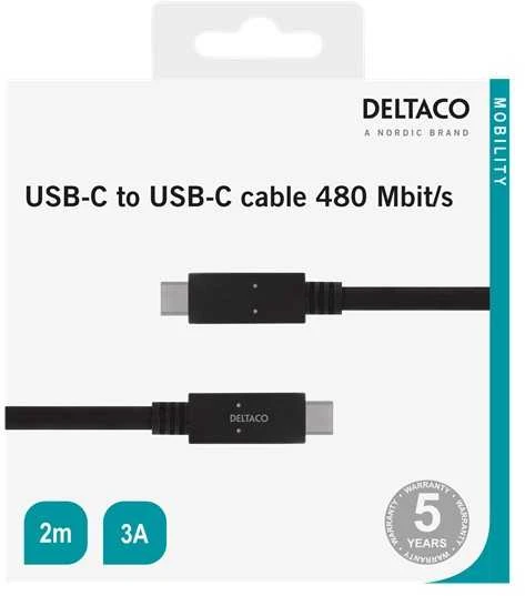 DELTACO USB 2.0 kabelis, C tipas - C tipas, 2m, juodas USBC-2002M
