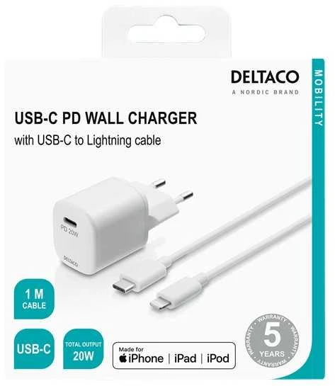 DELTACO USB sieninis įkroviklis, USB-C, PD 20 W, 1 m C - „Žaibas“ USBC-AC141