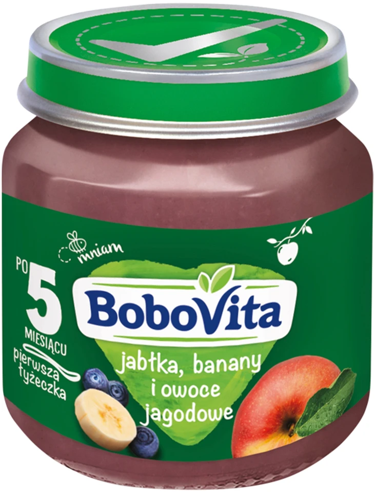 Deserek Jabłka, banany i owoce tamsiai violetinė Bobovita 6x 125g vaikams 5m+