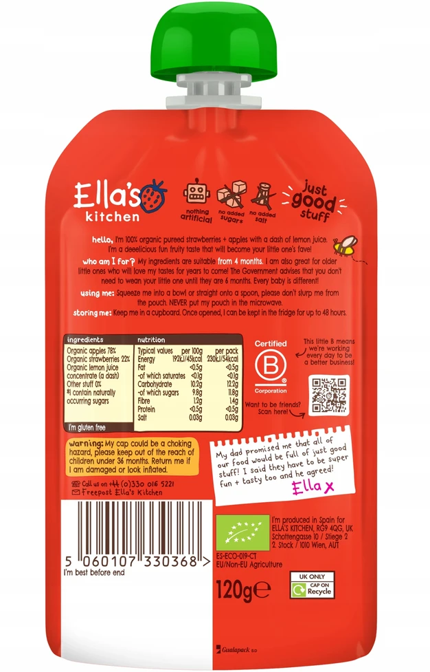 Desertas vaikams BIO braškių ir obuolių putėsiai Ella's Kitchen 120g