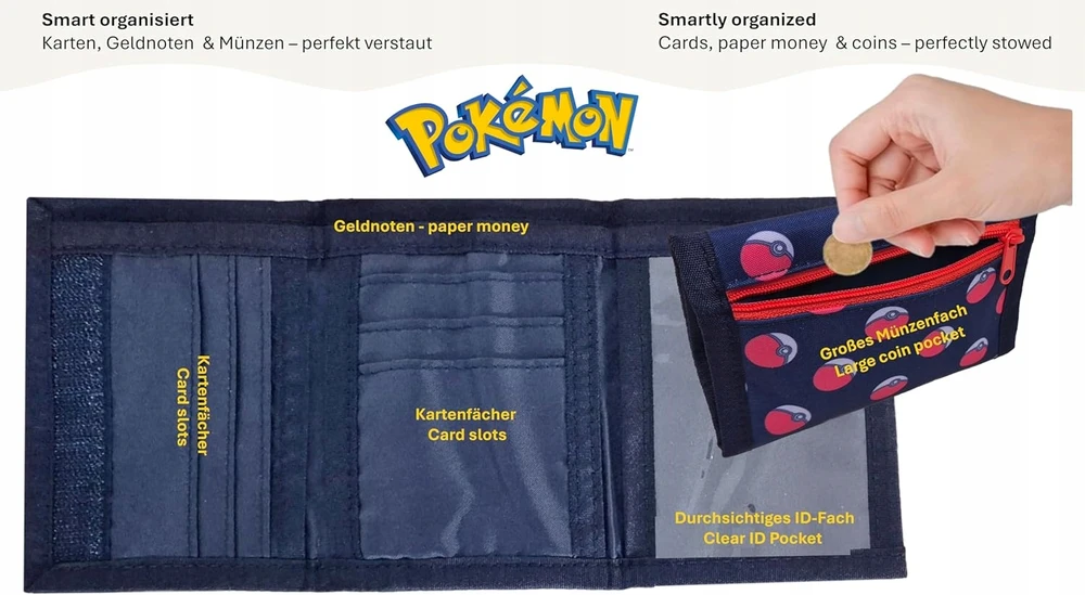 Design VAIKŲ PINIGINĖ SU PIKACHU IR POKEBALL MONETŲ KIŠENĖS UŽDARYMU