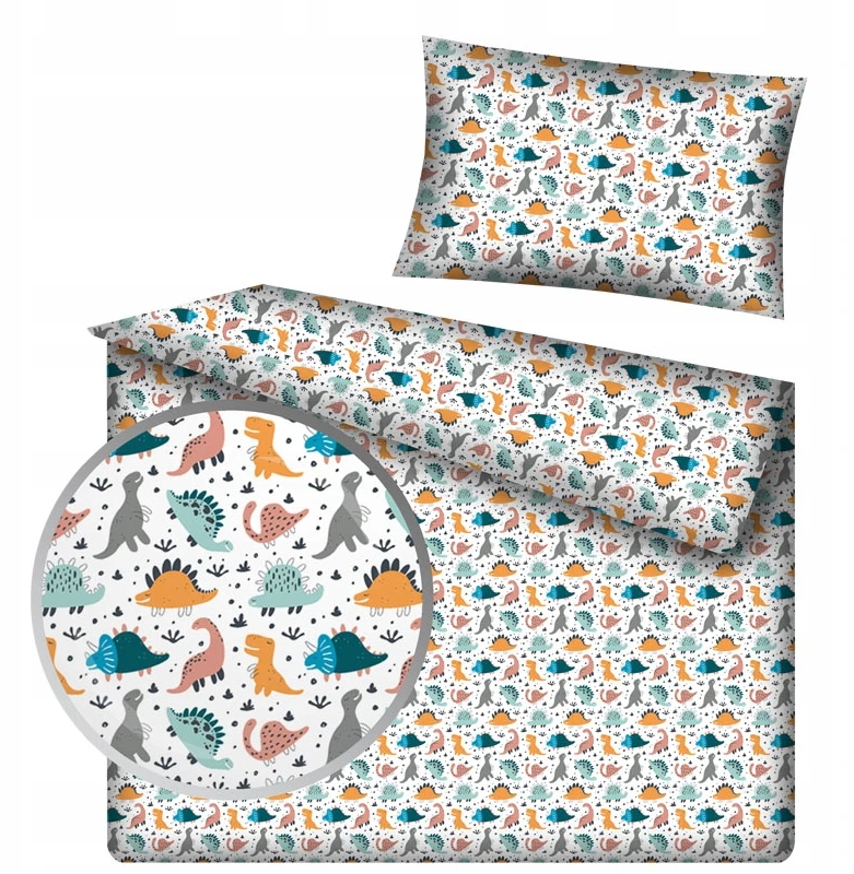 Designpremium Patalynė bawełniana balta młodzieżowa kolorowa wzór w dinozaury 140x200 cm