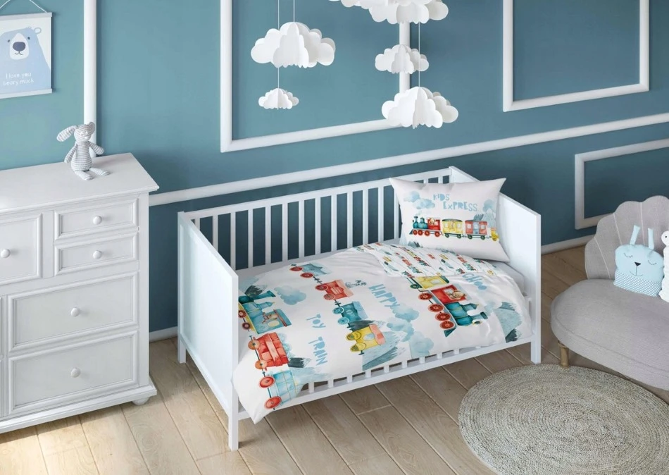 Detexpol Mayamoo medvilninė kūdikių patalynė 90x120 + 40x60 traukinio pastelinė versija –
