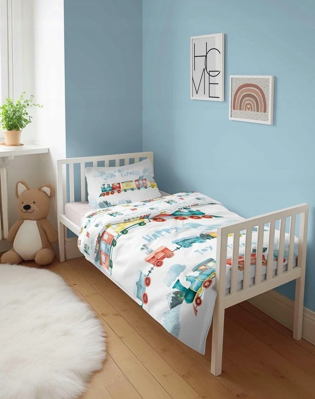 Detexpol Mayamoo medvilninė kūdikių patalynė 90x120 + 40x60 traukinio pastelinė versija –