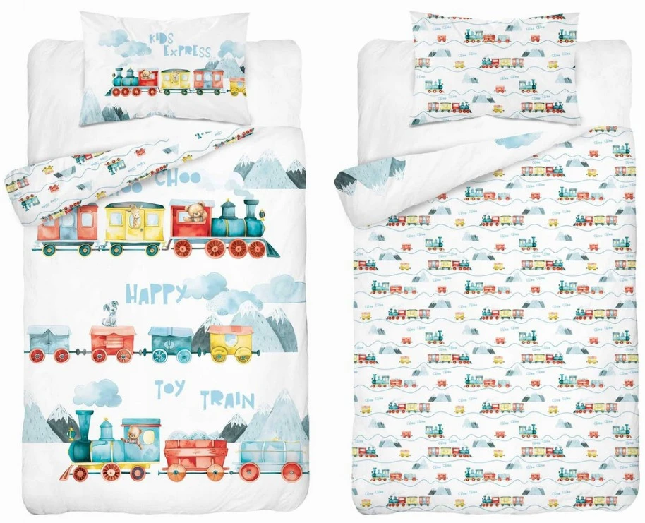 Detexpol Mayamoo medvilninė kūdikių patalynė 90x120 + 40x60 traukinio pastelinė versija –