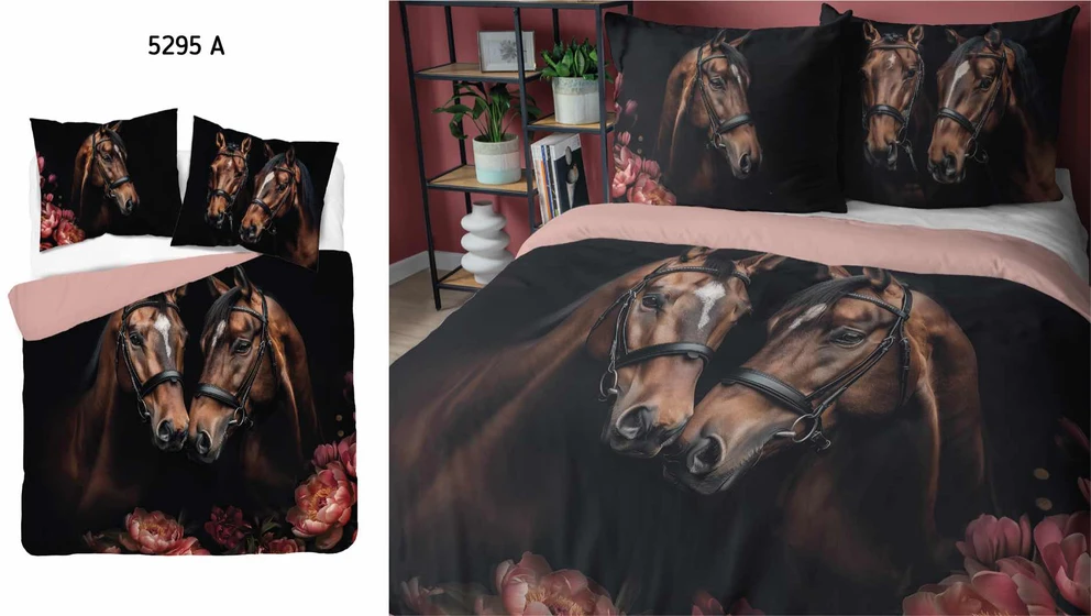 Detexpol Medvilninė patalynė 160x200 juodos rudos rožinės arkliukų gėlės 5295 A Hollan