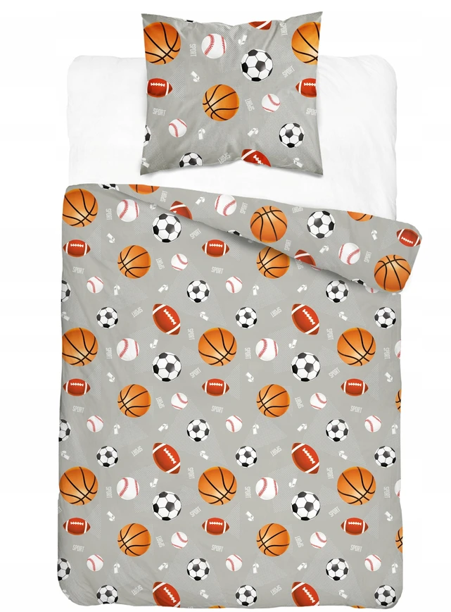 Patalynės komplektas Detexpol Patalynė DZIECIĘCA 140x200 PIŁKA NOŻNA KOSZYKÓWKA BASEBALL RUGBY Pilka XOXO