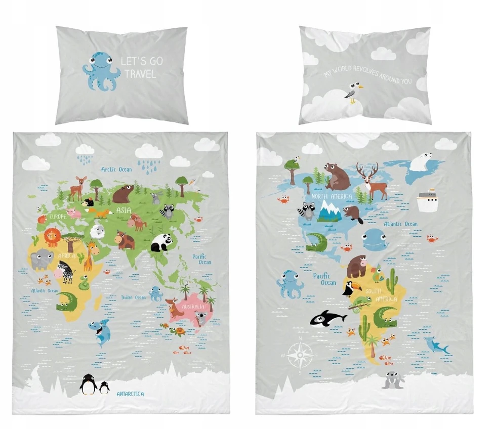 Detexpol Patalynė WORLD MAP ANIMALS patalynės komplektas MAYA MOO 100x135 cm pilka (