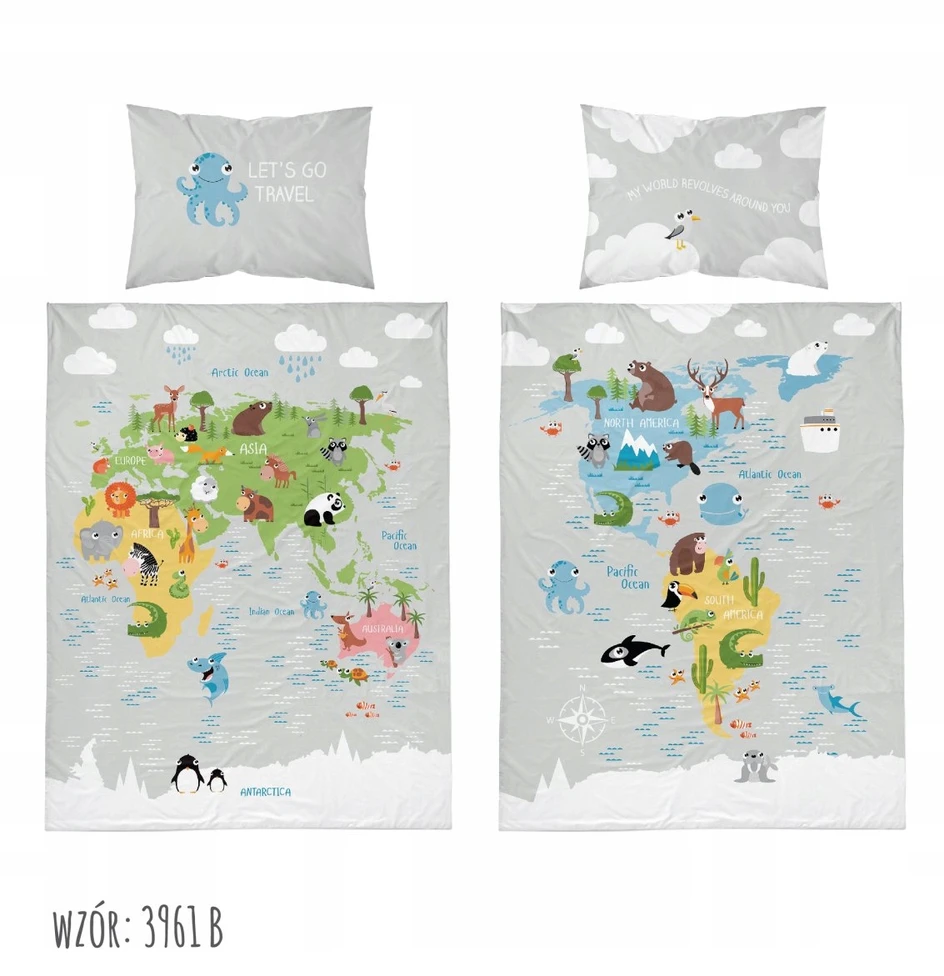 Detexpol Patalynė WORLD MAP ANIMALS patalynės komplektas MAYA MOO 100x135 cm pilka (