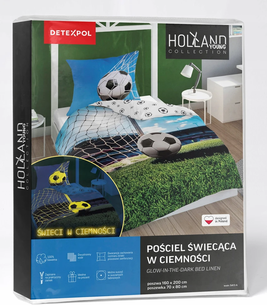 Detexpol Vaikiškos patalynės komplektas 160x200 su futbolo motyvu, šviečiantis tamsoje
